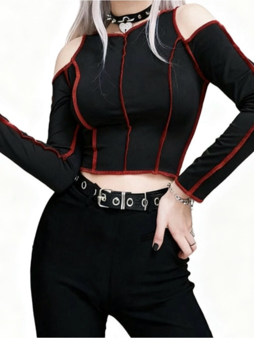 ROMWE Black Long Sleeve Top w/ Red Stitching